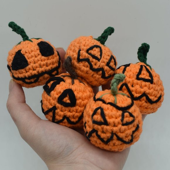 Handcrafted Crochet Catnip Jack O lantern Pumpkins Cat Toys Set of Five